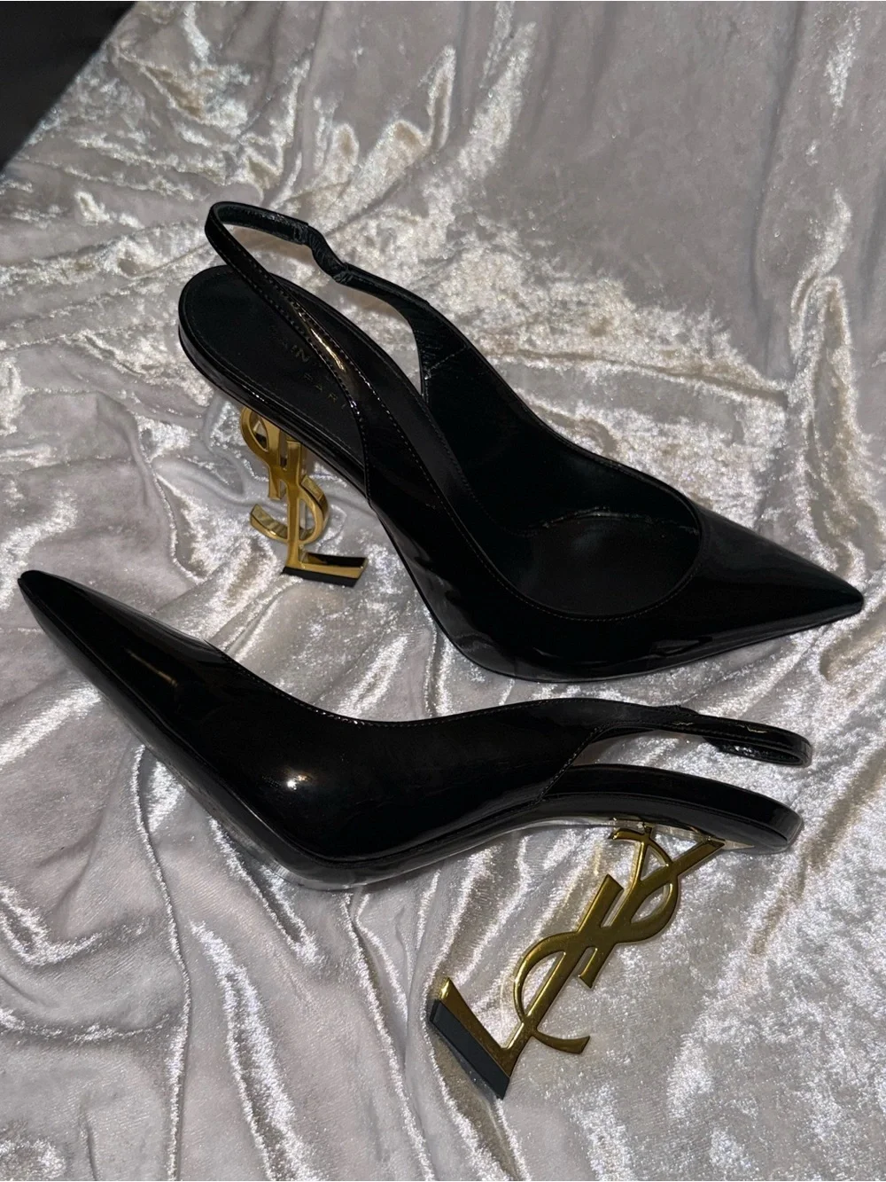 Saint Laurent Black Patent Opyum Slingback Heels with Gold Logo Heel - Picture 6 of 13